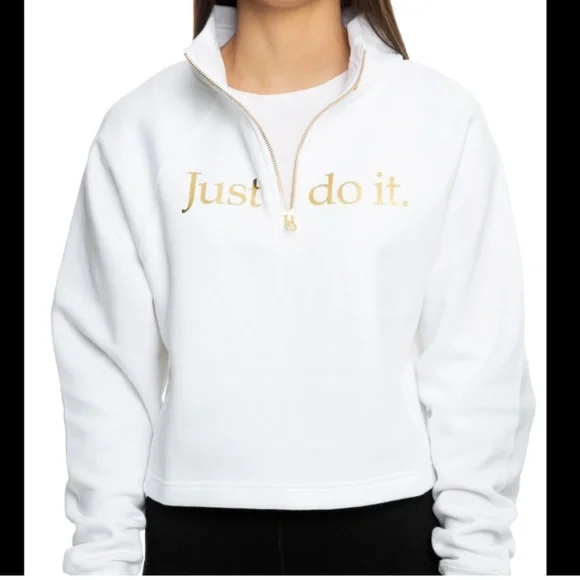 Nike Cropped Quarter Zip White Gold Just Do It Womens Size Medium Sweatshirt - Picture 1 of 6